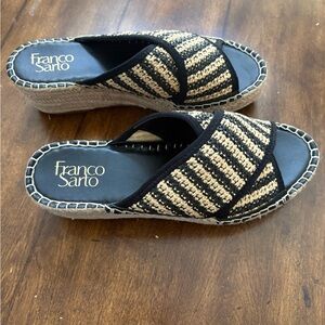 Franco Sarto Black and Natural Woven Espadrille Slide Sandals